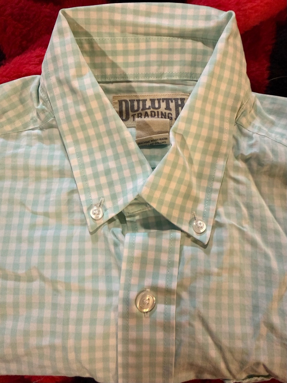 Duluth Trading Co Light Mint and White Gingham Button-Down Shirt